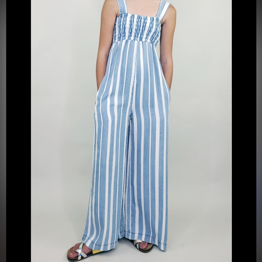 Ultra Wide Leg Smocked Blue White Striped Jumpsuit Size 00/XS Tall NWT